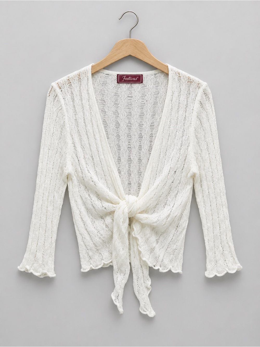 Feelings Vintage Open Knit Front Tie Cropped Cardigan - Cream / Off-White